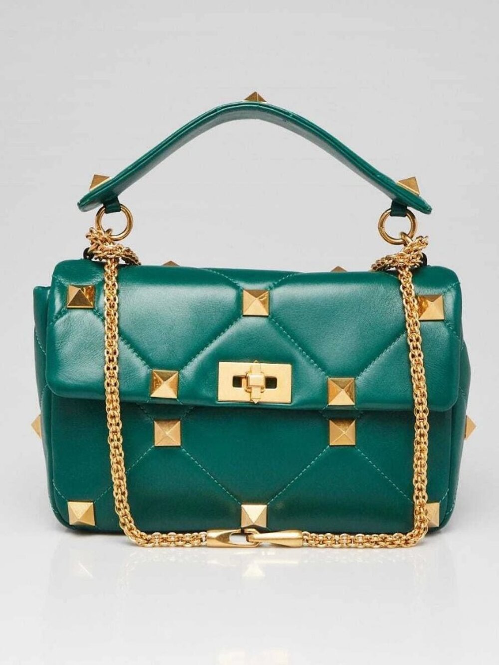 Valentino Jungle Green Nappa Leather Roman Stud Medium Shoulder Bag - Picture 1 of 10